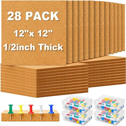 Cork Board Tiles 12 x 12 in 0.5 in Thick Square Bulletin Boards Cork Tiles Bulk with Push Pins Mini Natural Self Adhesive Backing Corkboards for Wall Home Office Floor DIY(28 Pcs) : Office Products