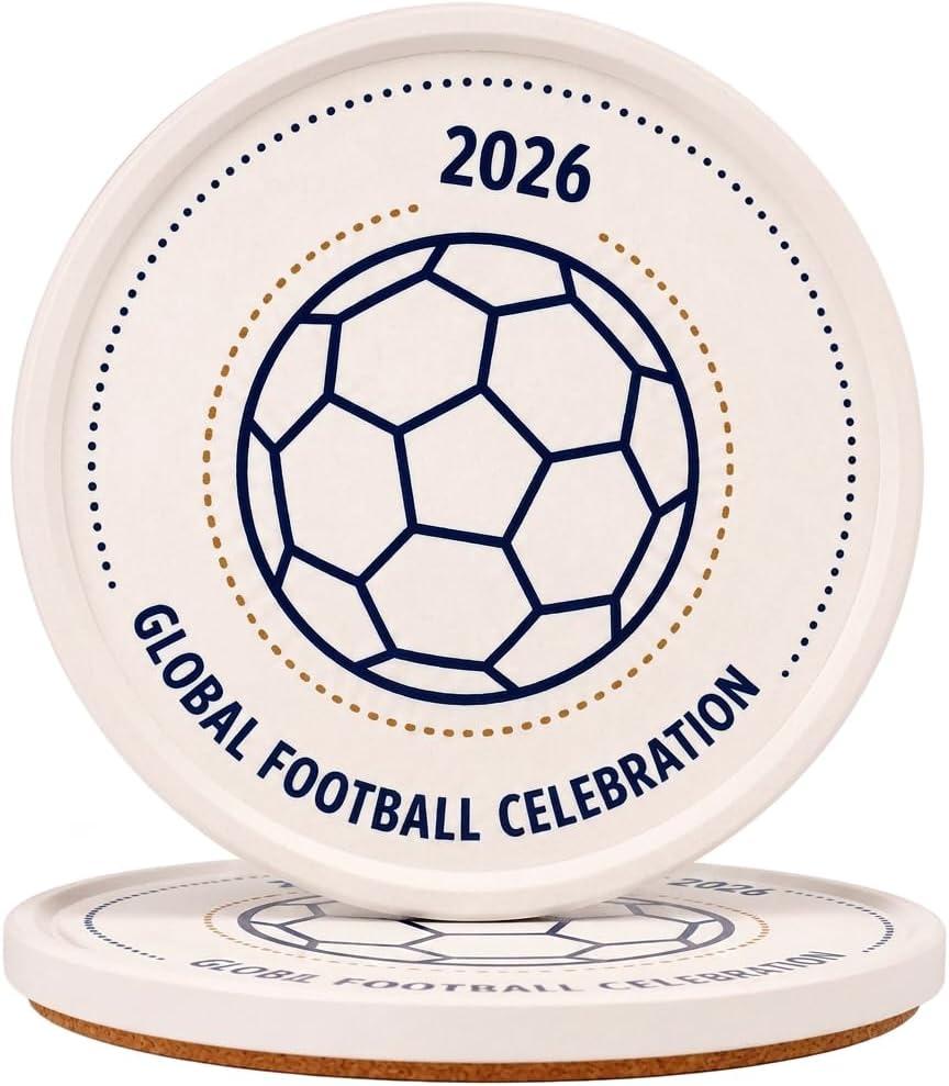 Ceramic Soccer Coasters with Raised Edge, Set of 2, Ball Outline