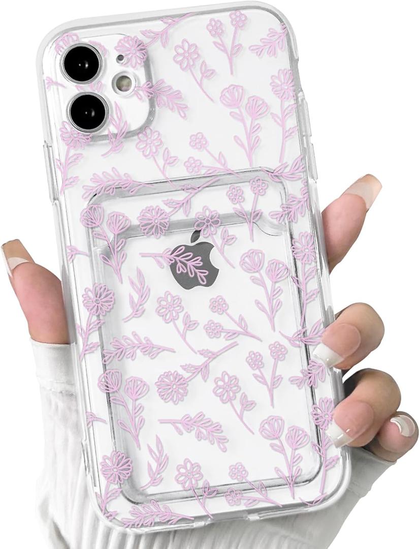 NITITOP Compatible with iPhone 11 Case Clear with Card Holder Cute Flower Floral Leave Pattern for Women Girl Soft TPU Shock-Absorbing Wallet Case Protective Phone Cover - Light Pink
