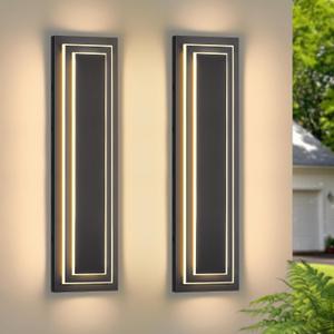 23.6 in Outdoor Wall Light Fixture,Black Outdoor Modern Square Wall Lights for Hallway, 2-Tier Garage Side Wall Sconces,Waterproof Front Porch Light Integrated 3000K 36W LED Light Bead,2PCS