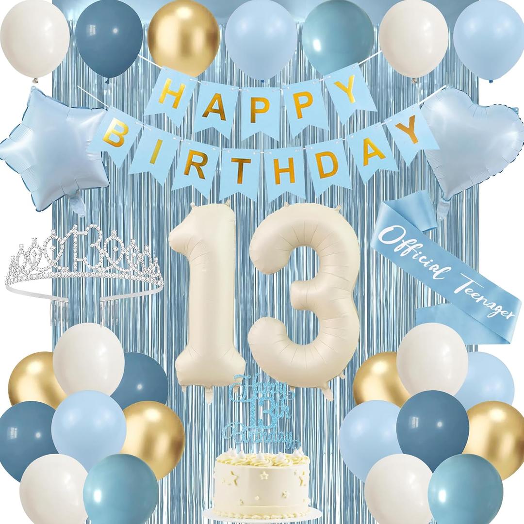 Trgowaul 13th Birthday Decorations for Girls, Light Blue Official Teenager 13th Party Supplies, Banner, Sash and Crown, Cake Topper, 13 Number Balloon, Fringe Curtains, 13 Years Old Party Decor Kit