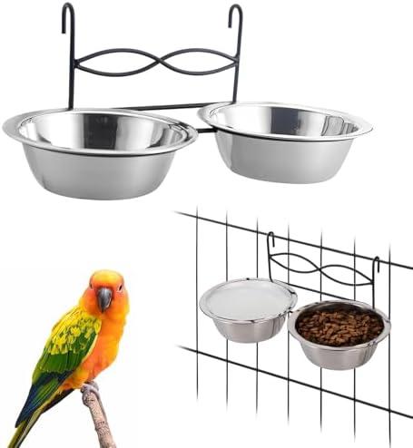 kathson Hanging Bird Bowls for Cage, 2 PCS Stainless Steel Metal Pet Food Water Dishes with Holder Feeder Cage Coop Hook Feeder Cups for Birds, Parrots, Small Sized Dogs and Cats (4.3 Inch Dia)