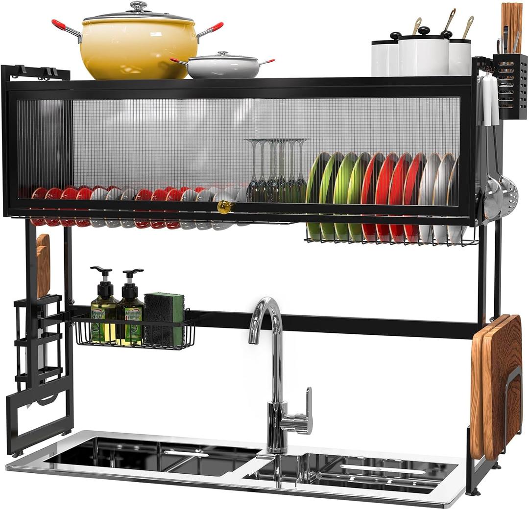 Over The Sink Dish Drainer Drying Rack, 37.4 inch, Kitchen Supplies for Kitchen Counter Multiple Dishes Flatware & Utensil Holder, Black