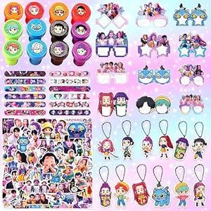 108 Pcs Demon Theme Hunters Birthday Party Favors - 12 Keychain, 12 Slap Bracelet, 12 Paper Glasses, 12 Stamp, 60 Stickers | K Pop Birthday Party Decorations, Party Favors Goodie Bags for Girls Fans