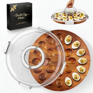 Renmxj Deviled Egg Containers with Lid (24 Eggs), 2026 Upgraded Acacia Wooden Deviled Egg Tray Platter for Party and Home Kitchen, The Lid is Dishwasher Safe (White)