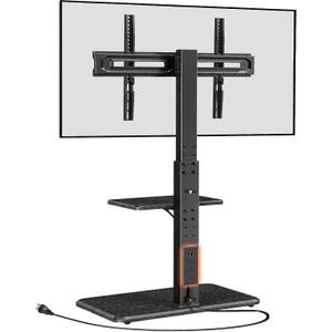 Perlegear Floor TV Stand with Power Outlet, Universal TV Stand for 32-75 inch TVs up to 110 lbs, Height Adjustable Standing TV Mount, Tall TV Mount with Wood Base, Max VESA 600x400mm, PGFS06