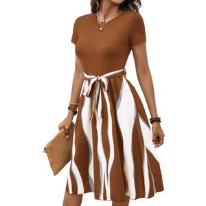 LIGHT DOT Women's Summer Dress Tie Waist Modest A Line Belted Midi Short Sleeve Casual Outfit (Brown, S)