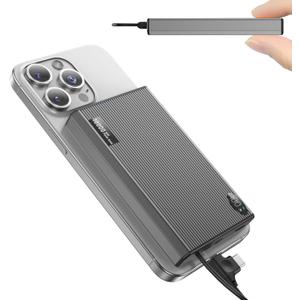 ZBF Magnetic Power Bank 10000mAh Slim Portable Charger with Built in Cables,USB-C Portable Phone Charger PD 20W Fast Charging Mag-Safe Travel Charger for Phone 16 15 14 13 12 Pro Max (Gray)