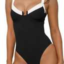 BERLOOK One Piece Swimsuit Women Tummy Control Ribbed Retro Bathing Suits Contrast Trim Knotted Sexy Slimming Swimwear, M 