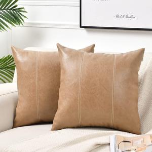 Fancy Homi 2 Packs Tan Decorative Throw Pillow Covers 18x18 Inch for Outdoor Couch Bed, Waterproof Faux Leather Hand Stitched Beige Square Cushion Case 45x45 cm, Modern Farmhouse Boho Home Decor
