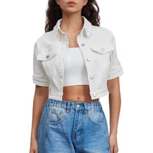 LifeShe Women Stretch Cropped Denim Jacket Short Sleeves Button Down Trucker Jean Jackets Coats, XXL
