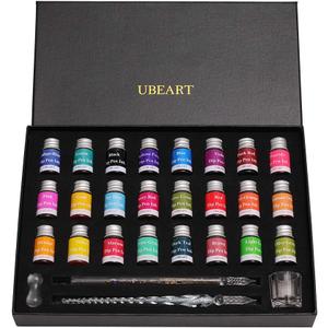 Glass Dip Pen Set,28 Pieces Calligraphy Set Includes 24 Color Inks Cleaning Cup Pen Holder 2 Crystal Glass Pens,Calligraphy Kit Ideas for Birthday Graduation Gifts Beginners (Black Box)