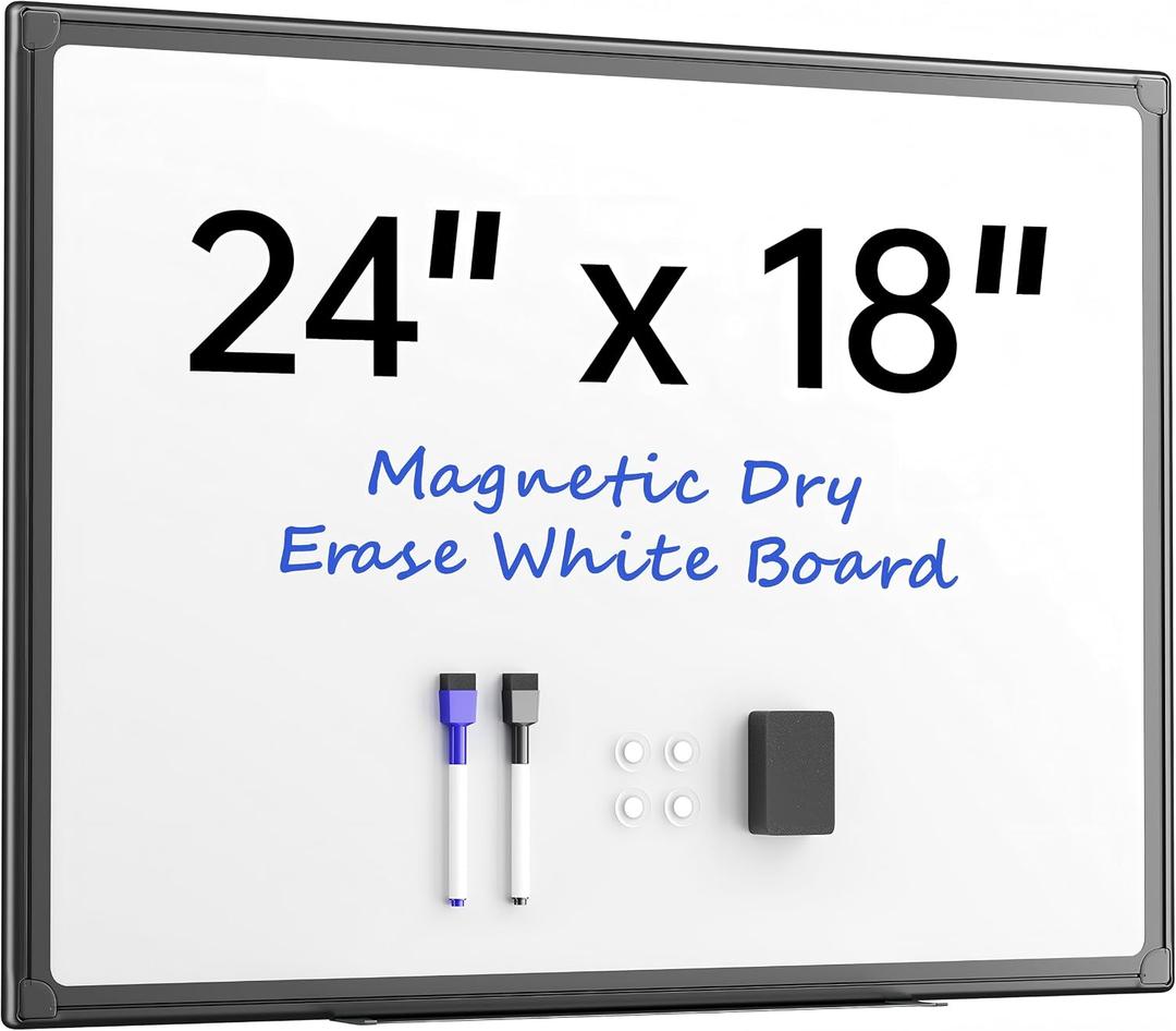VUSIGN 24" x 18" Magnetic Whiteboard for Wall, Dry Erase Board with Black Frame, Hanging White Board for Office, Home, School, Dorm Includes Markers, Magnets & Eraser