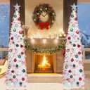 HMASYO 5 FT Pop Up Christmas Tree with Timer Lights and Decorations, White Tinsel Christmas Tree with Candy and 24 Balls Ornament, Collapsible Pencil Tree Xmas Decoration for Home, Office, Party