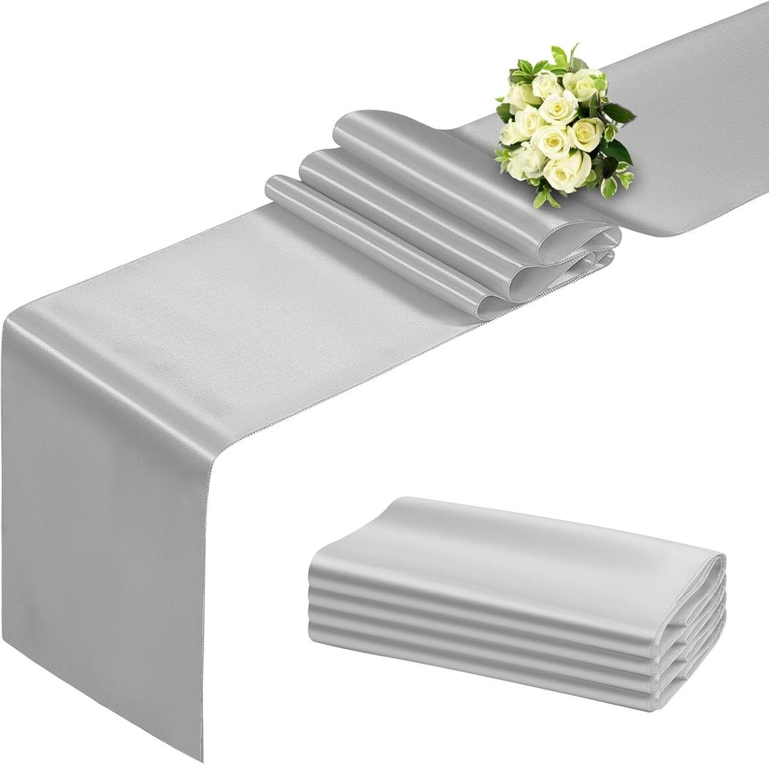 Silver Table Runner 12x108 Inch - 4 Pack Satin Table Runners, Smooth Table Runner for Party Wedding Banquets Birthday