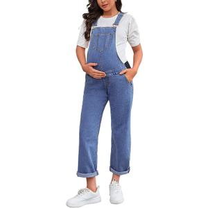 Maternity Overalls Bib Straight Leg Ankle Length Maternity Denim Overalls for Pregnant Woman (Blue, M)