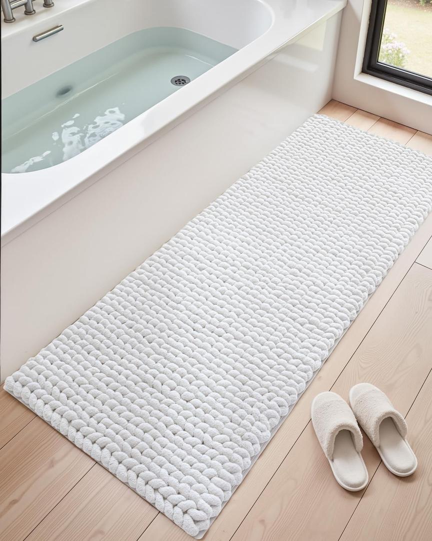 DEXI Bathroom Runner Rugs 24x60, Non Slip Washable Long Bath Mat, Luxury Chenille Super Absorbent Ultra Thick Bathmats for Shower Floor, Plush Fluffy Shaggy Carpet for Tub, White