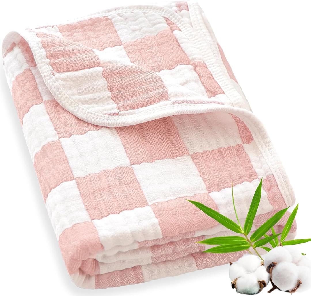 Muslin Swaddle Blankets Neutral, Baby Swaddling Wrap Nursery Blanket for Boys & Girls Unisex, Soft 70% Cotton and 30% Rayon, Large 43 x 43 inches Light Pink Chessboard (Coral)