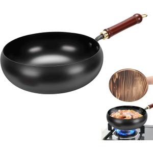 Gugxiom Suntuup Japanese Iron Pan, 28cm Cast Iron Wok, with Spatula, 2 Covers to Choose From, for Pots On Electric Stoves/Induction Cookers/Gas Stoves (Wooden Lid)