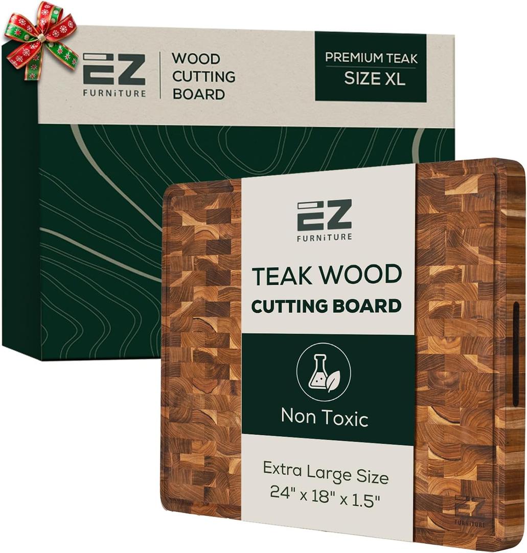 Teak Wood Premium Cutting & Serving Board, Knife Friendly, Non-Toxic, Pre-Oiled End Grain with Juice Groove & Handles (XL 24" x 18" x 1.5", 16.98 lbs)