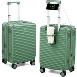 Hard Shell Suitcases Airline Approved 20 Inch Carry on Luggage, Expandable Travel Luggage with Cup Holder Charger Built in, Small Lightweight Suitcases with Wheels, Forest Green