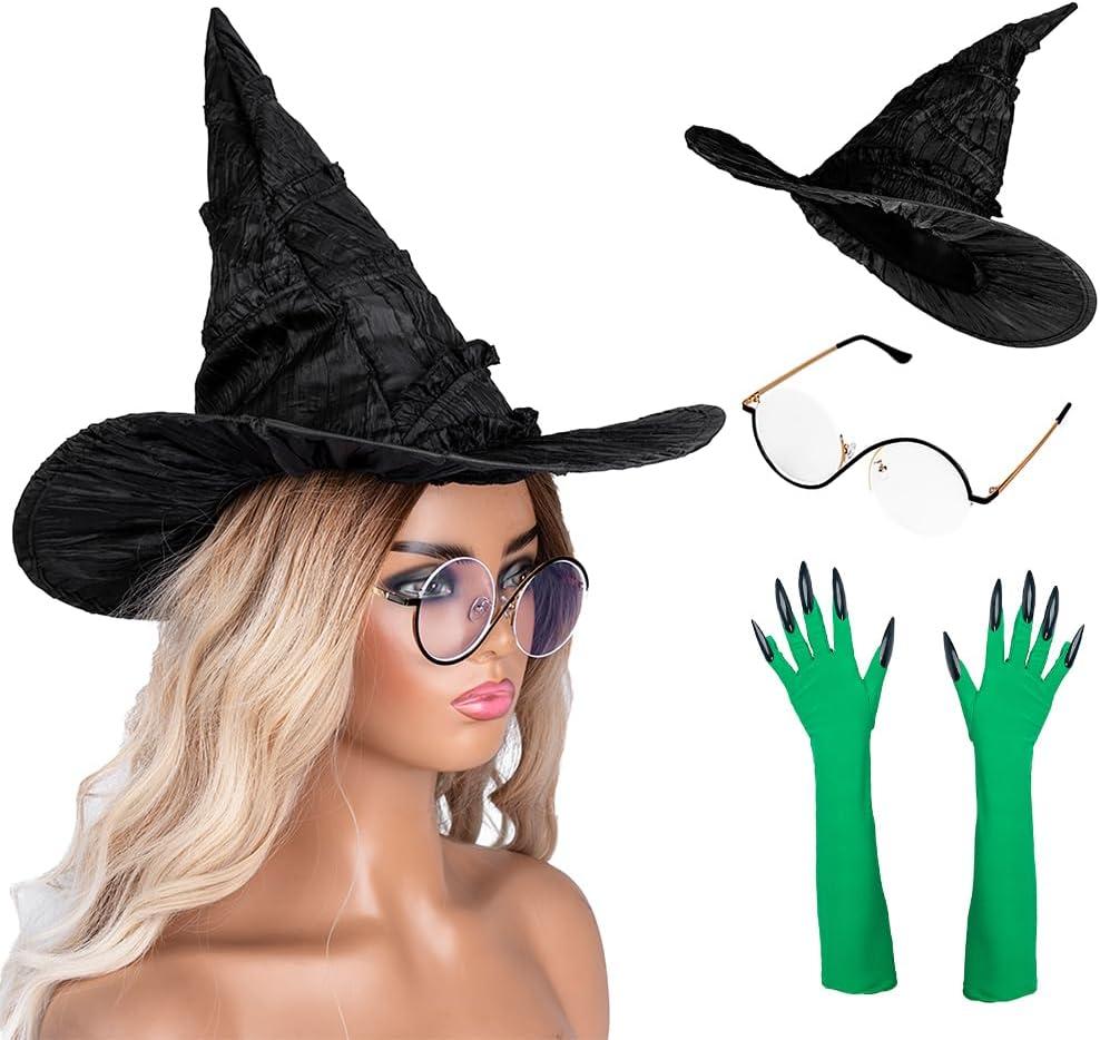 MORTICIA Witch Costume Accessories Hat Glasses Green Gloves Green and Black Striped Socks Halloween Witch Cosplay Decorations
