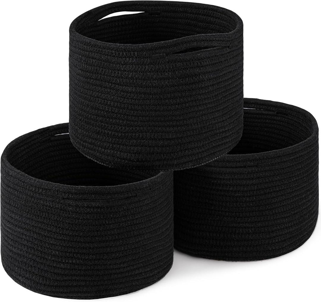 OIAHOMY Small Storage Baskets for Organizing,Closet Cube Shelf Storage, 9.89.87.1, Woven Cotton Rope Gift Baskets for Nursery,Cute Dog Toy bins, Round 3 Packs, Black