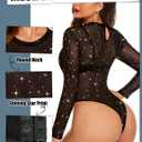 Avidlove Womens Mesh Long Sleeve Bodysuit Round Neck Sheer Leotards Geo Print Bodysuit Top with Snap Crotch (Small, Gold Star)