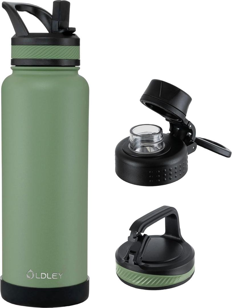 OLDLEY 40 oz Insulated Water Bottle With Straw, Stainless Steel Sports Water Cup Flask with 3 Lids(Straw, Spout and Handle Lid) Double Walled Travel Thermal Canteen Mug,Army Green
