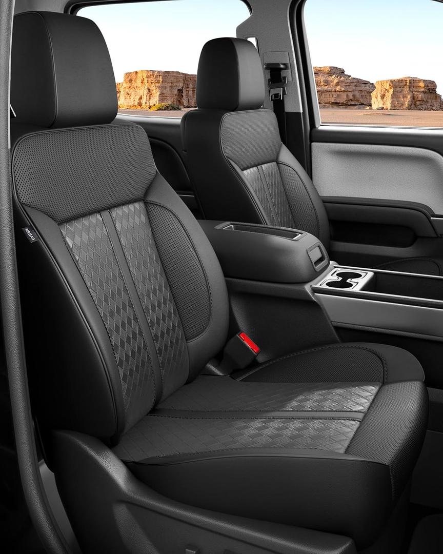 for Chevy Silverado & GMC Sierra Leather Seat Covers Crew Cab 1500 2014-2018, 2500HD 3500HD 2015-2019, Custom Truck Seat Cover Full Set, Protectors Accessories, Black (W/O Rear Cupholder)