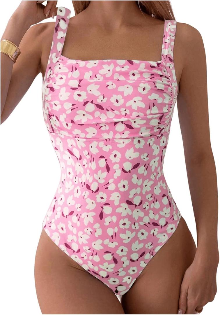 MakeMeChic Women's Floral Print Square Neck One Piece Swimsuit Ruched Bust Sleeveless Beach Cami Monokini (Medium, Pink)