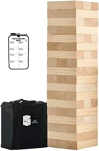 JST GAMEZ Outdoor Games Giant Tower Game Stacking Backyard Game Start from 2Ft to Over 4.2Ft Includes Customized Scoreboard and Carrying Case, Natur