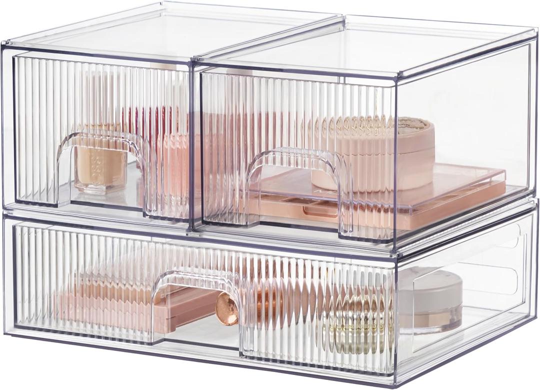 HBlife Stackable Clear Acrylic Storage Drawer Organizer - Set of 3 Makeup and Bathroom Storage Bins - Versatile for Vanity, Undersink, Kitchen, and Office Organization