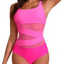 Edelqual Women's Sexy One Piece Bathing Suits Tummy Control Slimming Mesh Modlily Swimsuits for Women 2026 Swimwear (Pink, L)