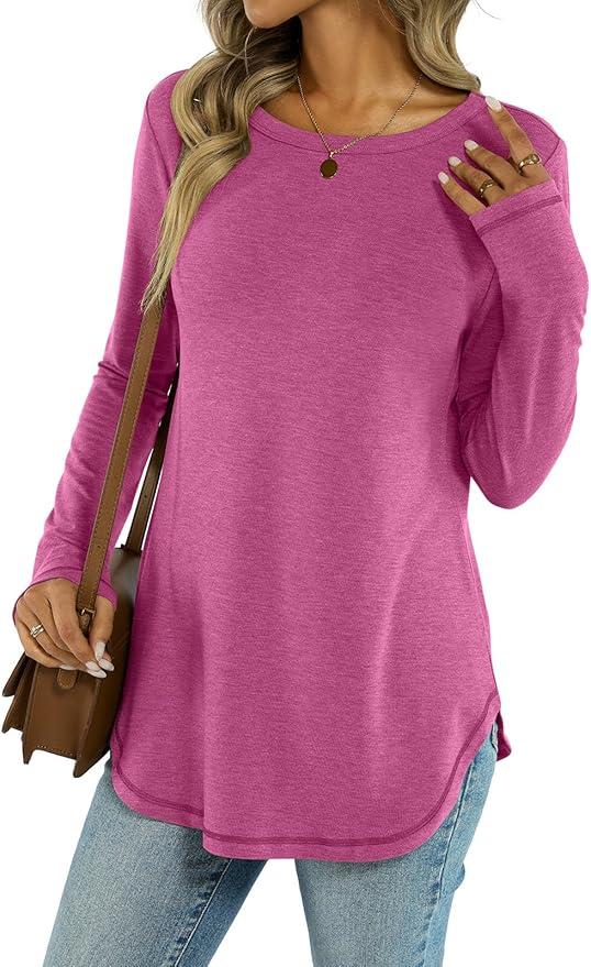 Womens Tunic Tops Long Sleeve Shirts Crew Neck Casual Tshirts Fall Fashion Outfits Clothes XL