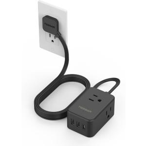 Flat Black Extension Cord, TESSAN Ultra Thin Power Strip with 3 USB Wall Charger (1 USB C), 3 Outlets Small Charging Station, 5 ft Slim Plug for Cruise Travel Office School Dorm Room Essentials