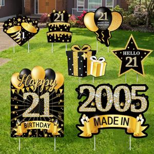 7Pcs Black Gold 21st Birthday Yard Sign Decorations for Men Women, Happy 21st Birthday Made in 2005 Lawn Sign Party Supplies, 21 Year Old Yard Decor with Stakes