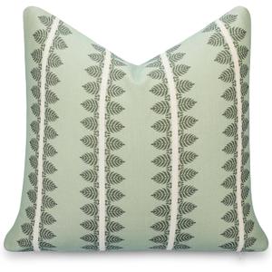 Crumbs Home California Casual Coastal Indoor Outdoor Throw Pillow Cover, 20"x20" Water Repellent for Patio, Backyard, Couch, Poolside, Olive Light Green Print Leaves Stripes