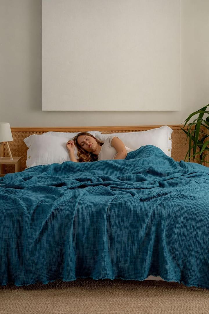 Muslin Blanket - Pure 100% Turkish Cotton Airy Soft Light Versatile Gauze Throw Blanket for Bed, Couch, Sofa (Petrol Blue, California King Size (95" x 125" Inch))
