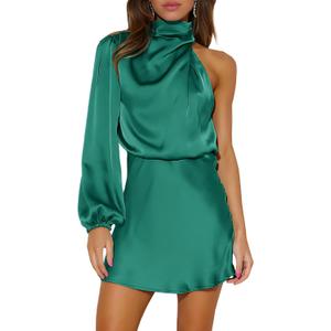 Ferlema Women's 2023 Sexy Satin Dress One Shoulder Elegant Long Sleeve Mock Neck Cocktail Party Mini Dresses Dark Green, Medium