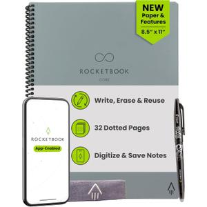 Rocketbook New Core Reusable Spiral Notebook, Letter Size 8.5x11, Gray - Dotted Pages, App-Connected, Erasable, Durable Cover, Ideal for School, Work, and Creative Projects