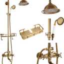 gotonovo Bathroom Exposed Shower Faucet Outdoor Shower System 8 Inch Rainfall Shower Head Set with Tub Spout and Handheld Spray Double Cross Handles Wall Mount with Shower Shelf Antique Brass