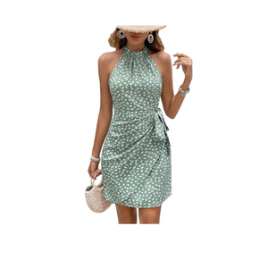 Women's Summer Dress Dot Print Halter Neck Tie Waist Casual Zipper Back Sundress Vacation Beach Size XS