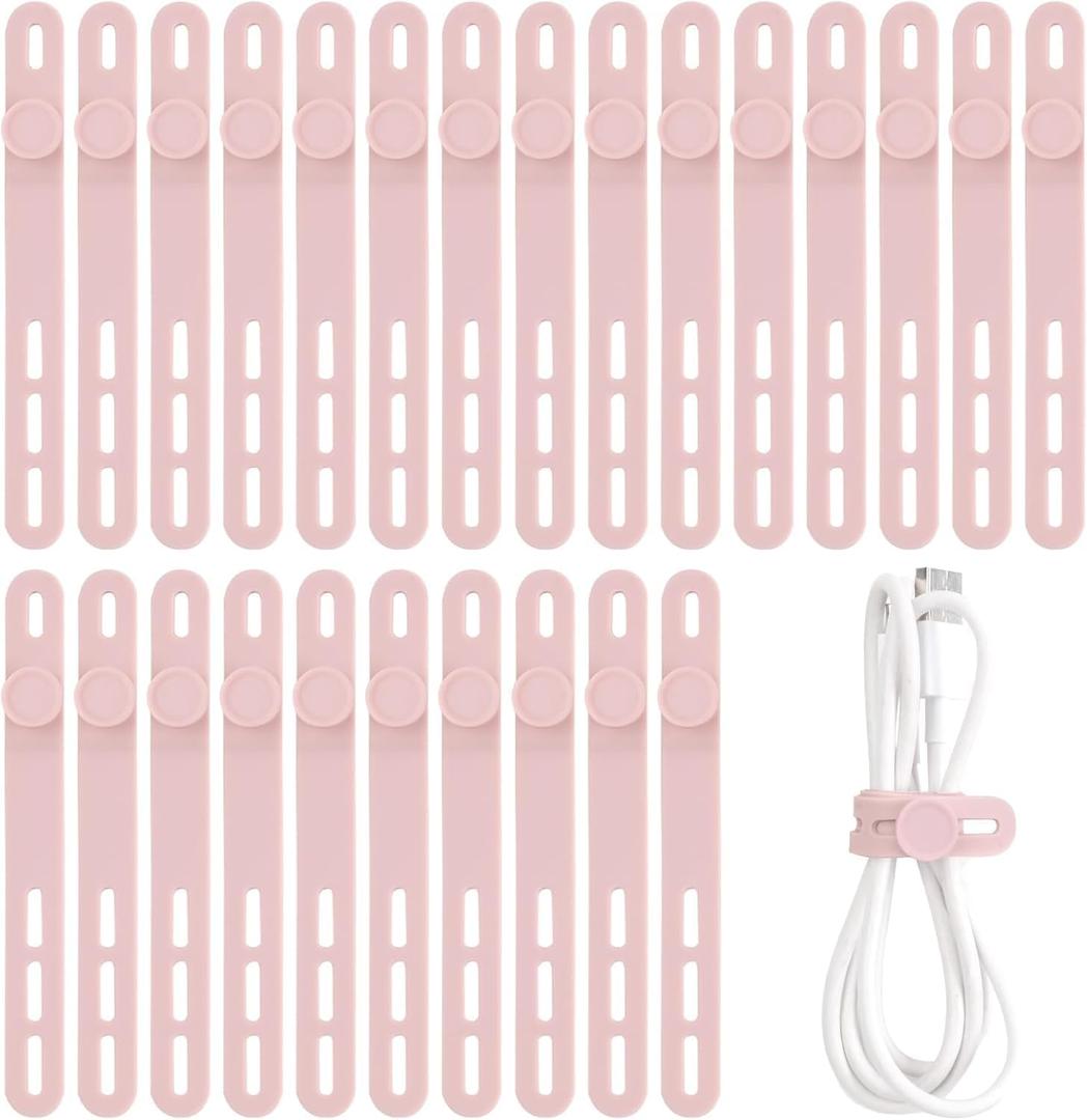 Oligei 25 Pcs Silicone Cable Ties, Cable Ties Reusable, High Elasticity Cord Wraps for Electrical Cords, Cord Organizer for Earphone, Phone Charger(Pink)