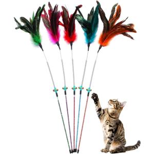 Cat Wand Toy Feather Sticks - 5 Piece Interactive Wands Toy Set with Feathers, Durable Spring Design - Perfect for Engaging Playtime Fun for Kittens and Cats - Cat Toys for Indoor Cats