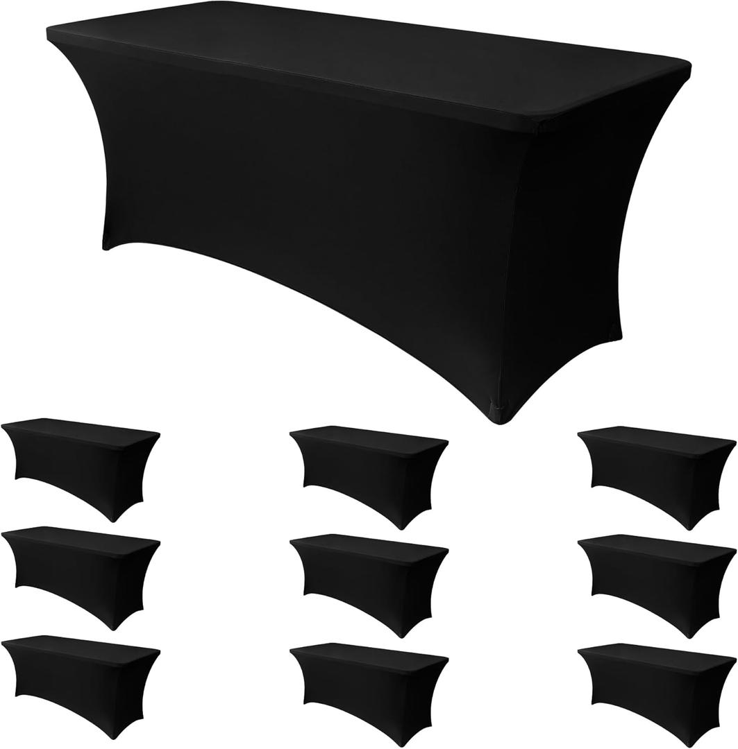 Obstal 10 Pack Stretch Spandex Table Covers for 6 Foot Tables - 6 FT Universal Rectangular Fitted Tablecloth Protector for Wedding, Banquet, Party (Black, 72 Length x 30 Width x 30 Height Inches)