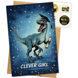 2 x Clever Girl Graduation Card 2026 Funny Dinosaur Happy Graduation Cards Gift for High School Student Daughter Son Him Her Friends Gifts Congratulations Graduate Diploma Grad Greeting Card 5.3''x8", 8x5.3 Inch