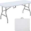 6FT Dining Table, Foldable Plastic Utility Table, Indoor Outdoor Camping, Picnics and Parties, White, Load Capacity 330 lbs