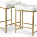 Bar Stools Set of 2, 24 Inch Gold White Counter Height Stools with Cushion, Faux Leather, Metal Frame, Modern Style Stools for Kitchen Counter Island, 24" Set of 2 with Nailhead Trim