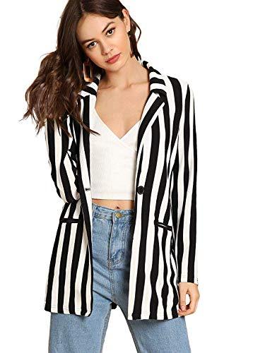 Floerns Women's Casual Work Office Open Front Striped Blazer, Black/White, Size Medium 